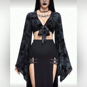 Gothic Tie-Front Crop Top with long sleeves